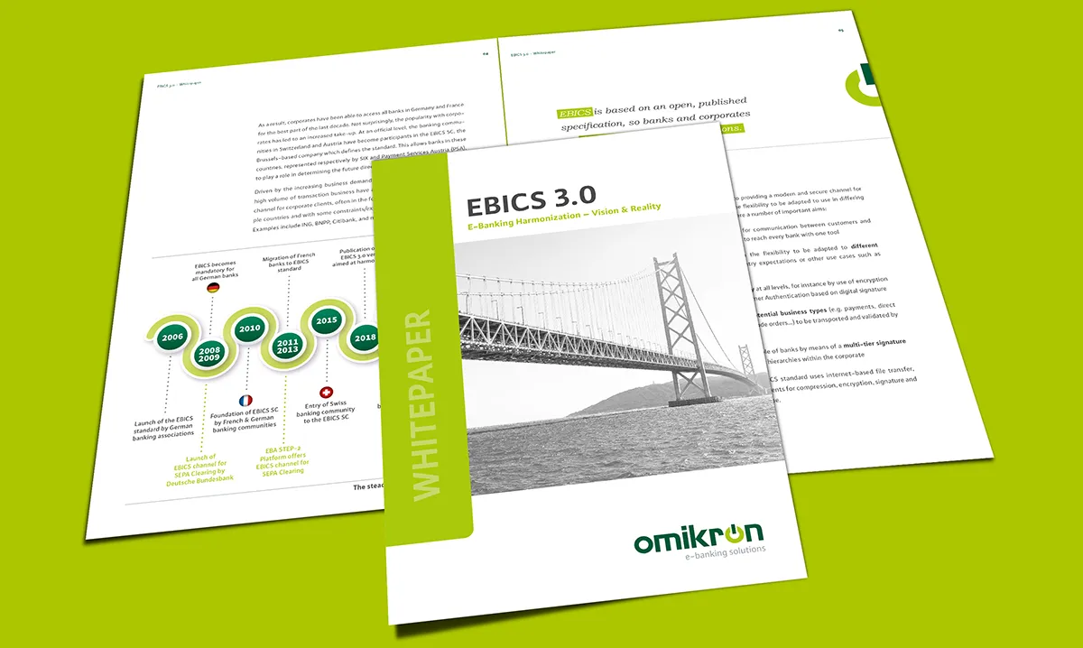 Find out in our white paper what distinguishes EBICS 3.0 as an open and harmonized standard for transaction banking for companies and which requirements banks and corporates have to observe so that they can optimally benefit from its advantages.